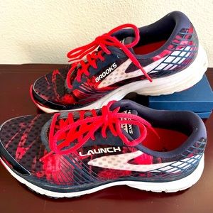 Brooks athletic running/workout shoes. Blue and coral-red with white. Size 8 1/2